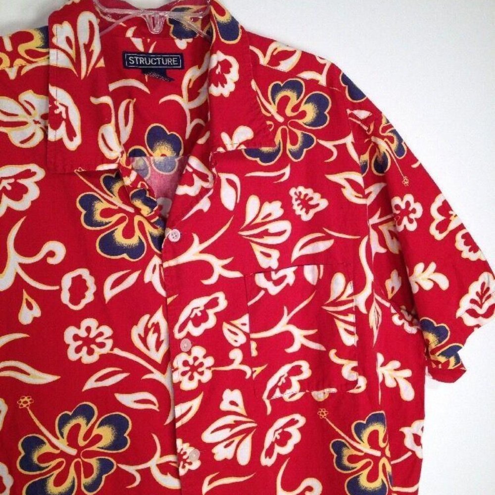Hawaiian Shirt XL Cotton Hibiscus Blue Flowers